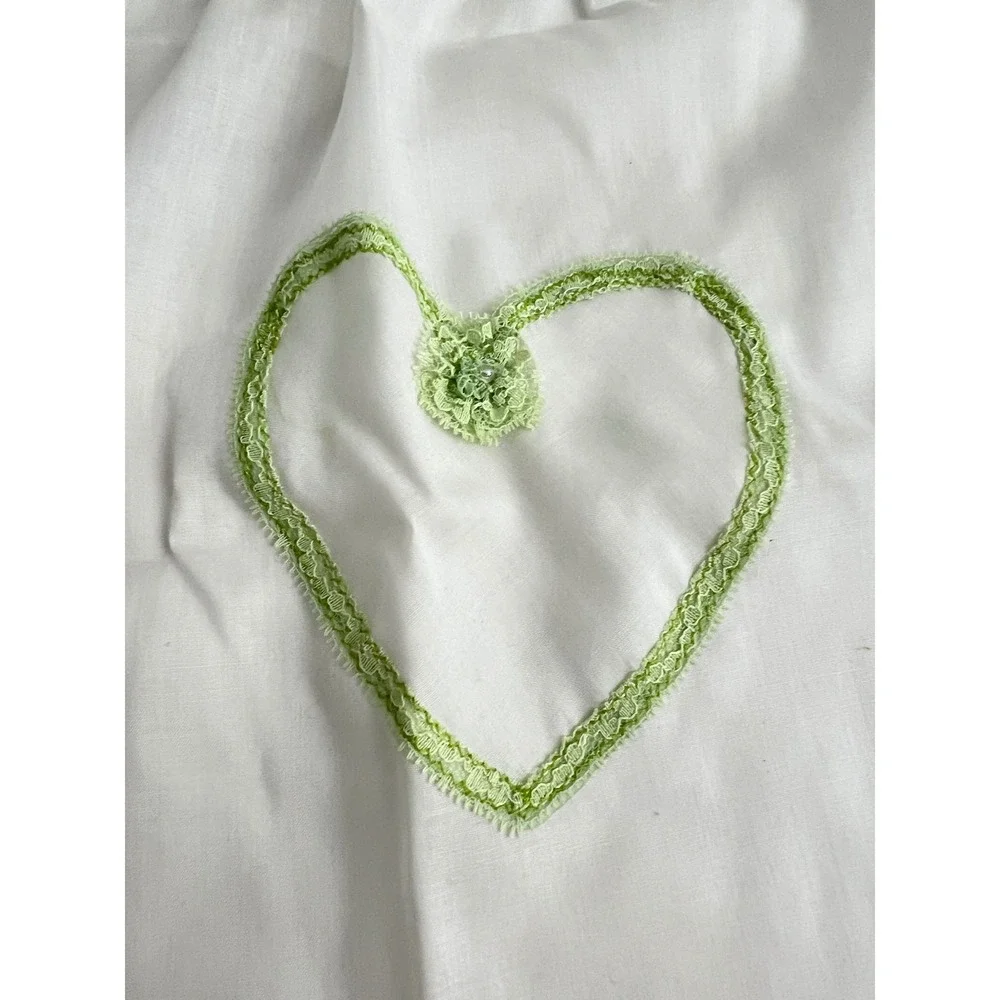 Vintage White Half Apron Lime Green Lace Trim Heart Applique Retro Cottagecore